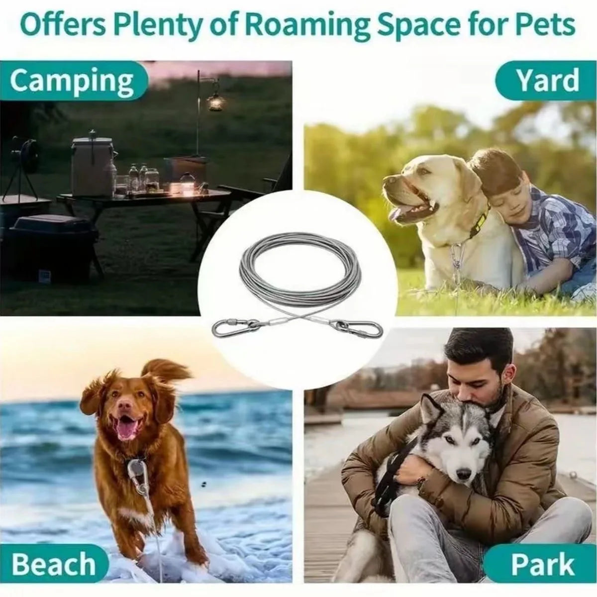 Stainless steel multi-purpose rope for camping, laundry, and pet leash shown in various outdoor contexts.