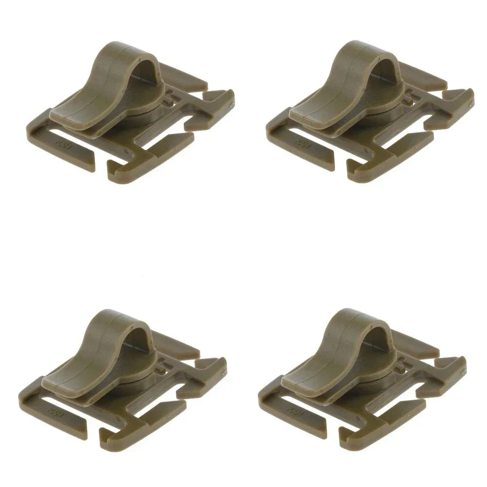 Four views of a tan hydration tube clip designed to secure tubes to backpacks.