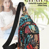 A black multi-layer waterproof leaf print chest bag is shown next to a woman wearing a white top.