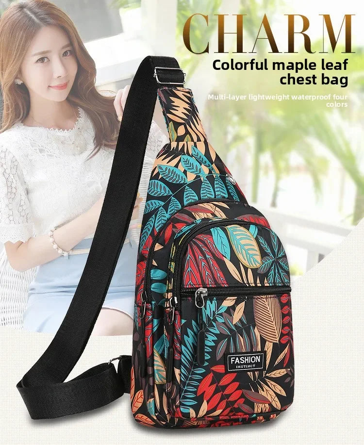 A black multi-layer waterproof leaf print chest bag is shown next to a woman wearing a white top.