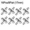 Set of 16 pairs of magnetic curtain clips with detachable button fasteners, 17mm wide.