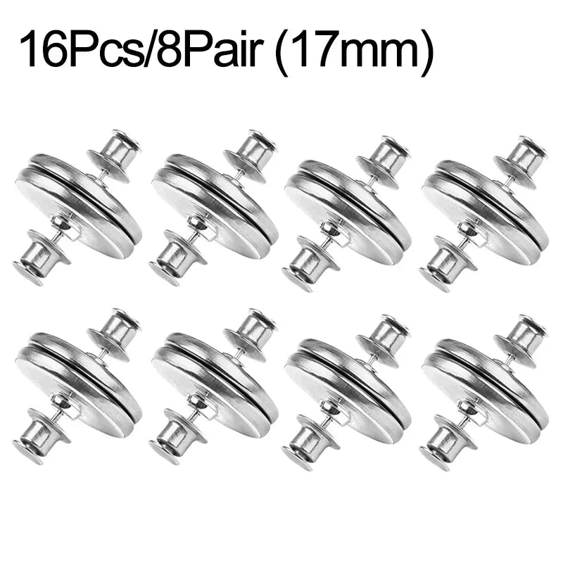 Set of 16 pairs of magnetic curtain clips with detachable button fasteners, 17mm wide.