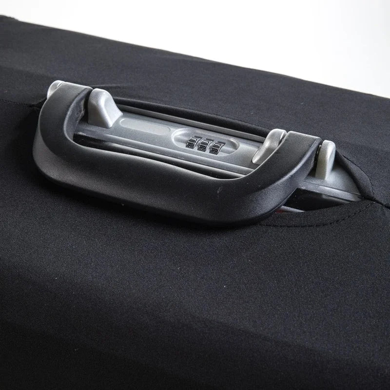 Close-up of a gray suitcase cover protector latch mechanism on a black luggage bag.