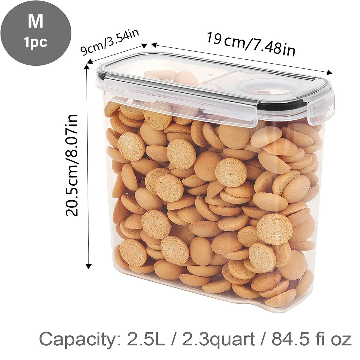 Contenedor de plástico transparente y hermético lleno de cereal de color marrón claro, de 20.5 cm de largo.