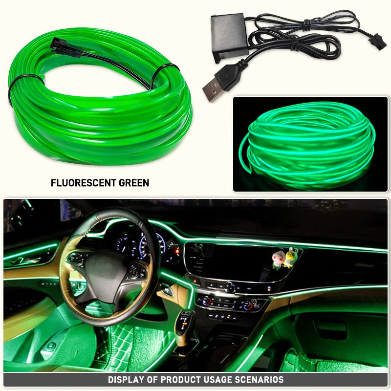 Flexible fluorescent green LED neon strip used for car interior ambient lighting display