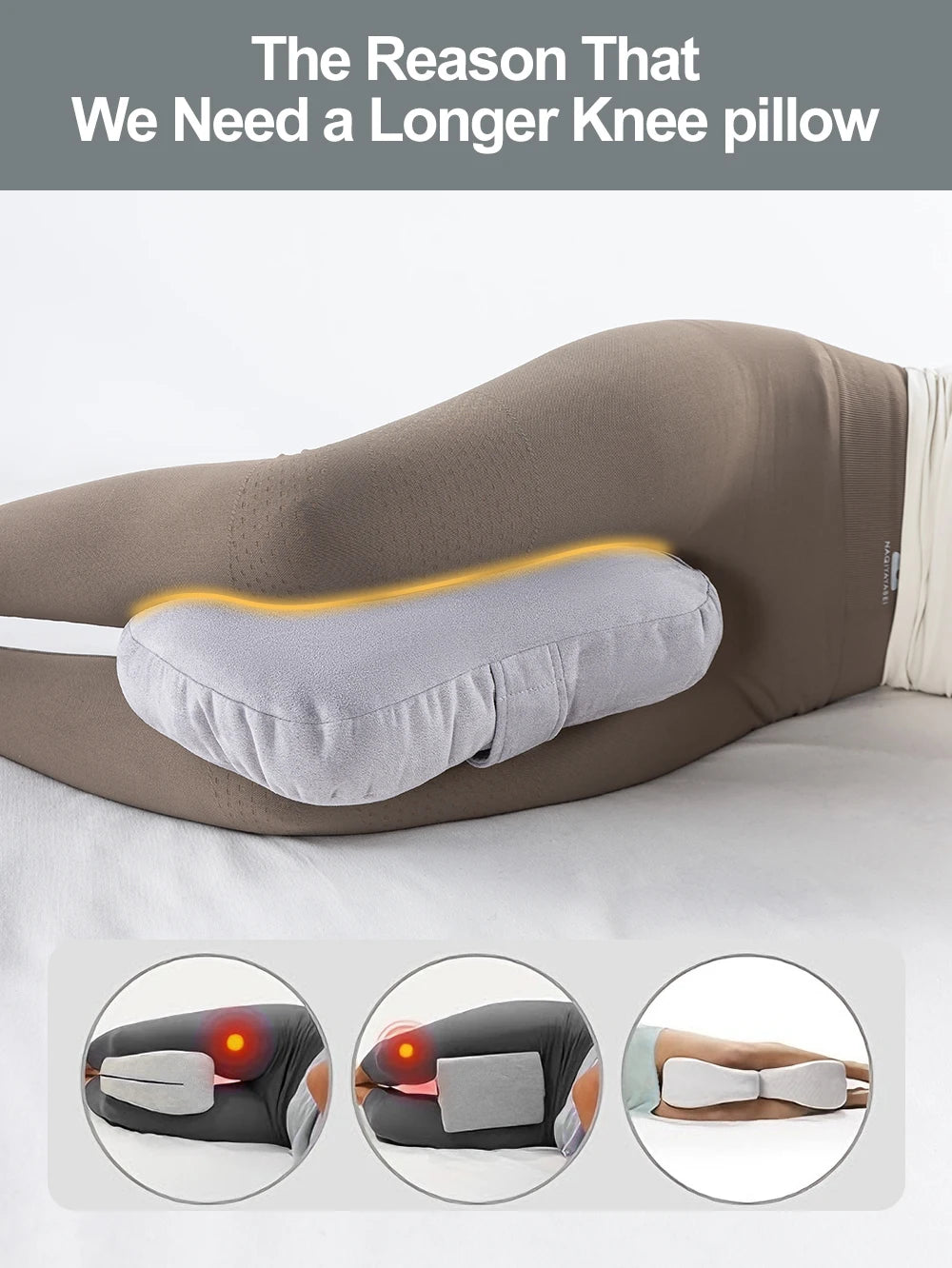 Un cojín de rodilla largo y gris claro siendo utilizado por una persona acostada de lado.