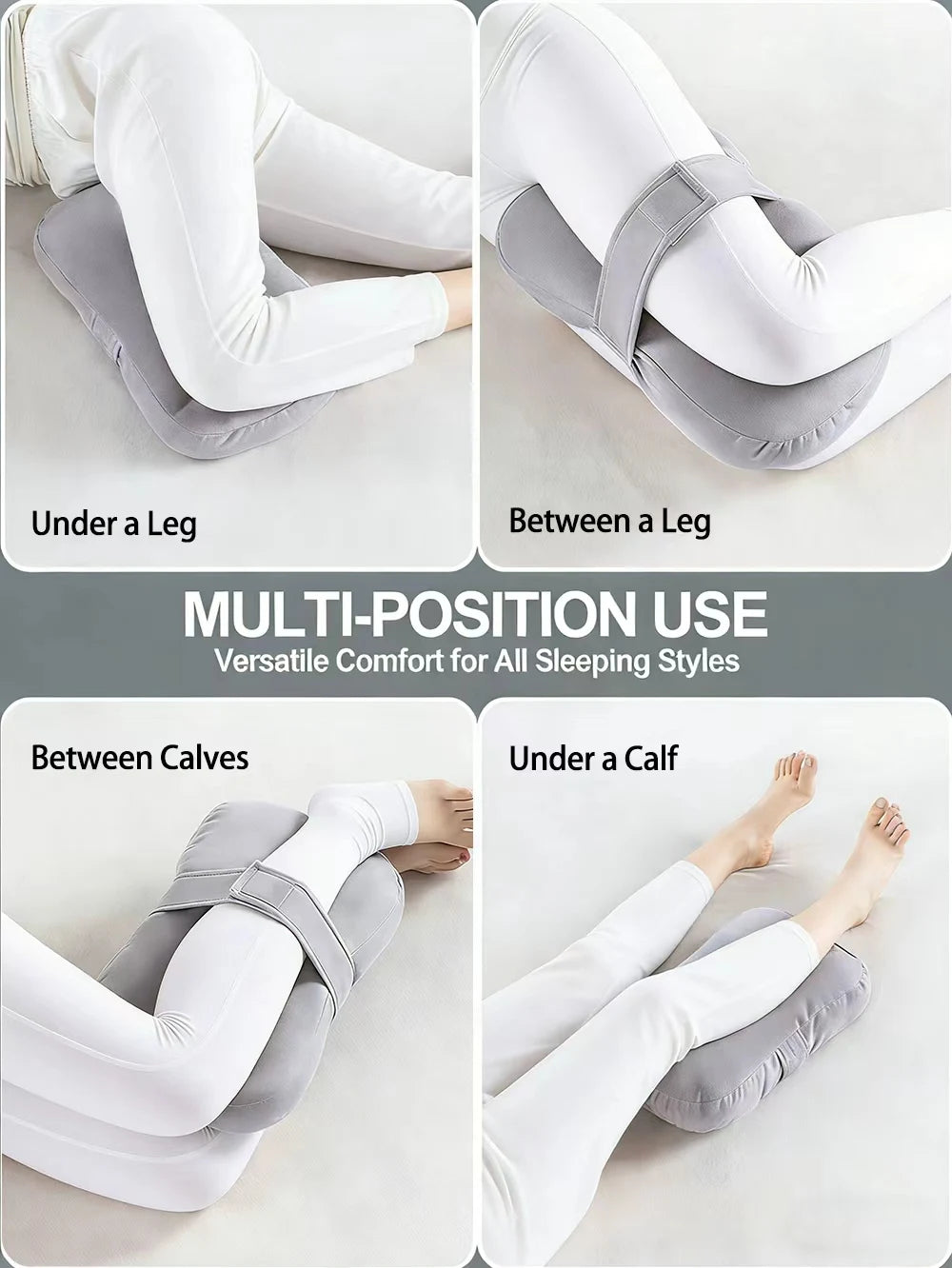 Almohadas ergonómicas para la rodilla mostradas en varias posiciones para uso múltiple bajo una pierna, entre piernas y debaj