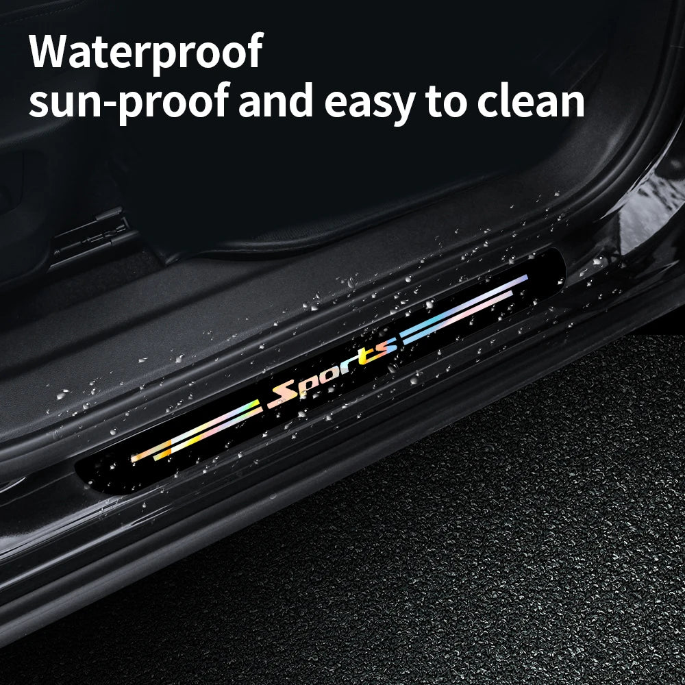 Close-up of a black car door sill with colorful decorative strips installed, highlighting its waterproof and sun-proof featur