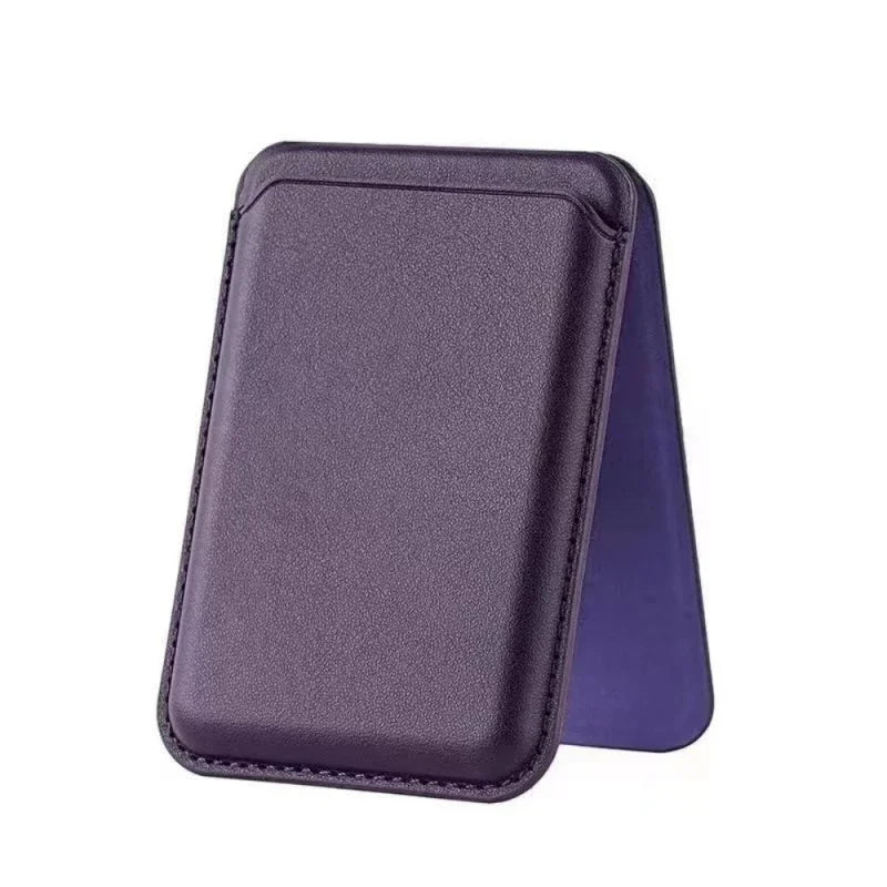 A purple magnetic leather wallet case with a kickstand for an iPhone.