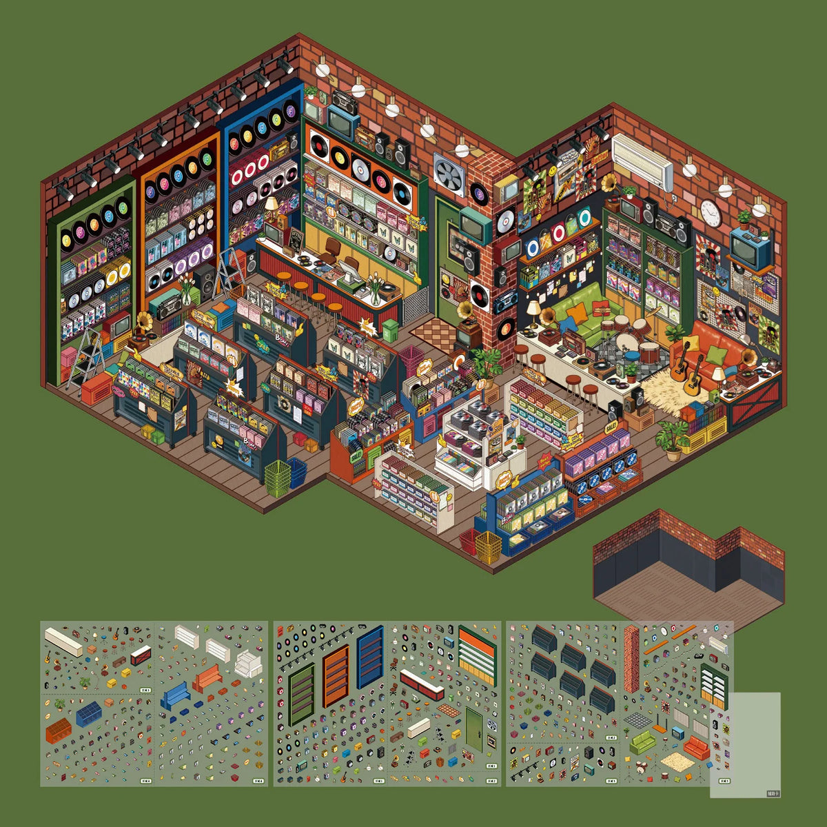 A detailed 3D house scene sticker set featuring various architectural elements and decorative items for scrapbooking.