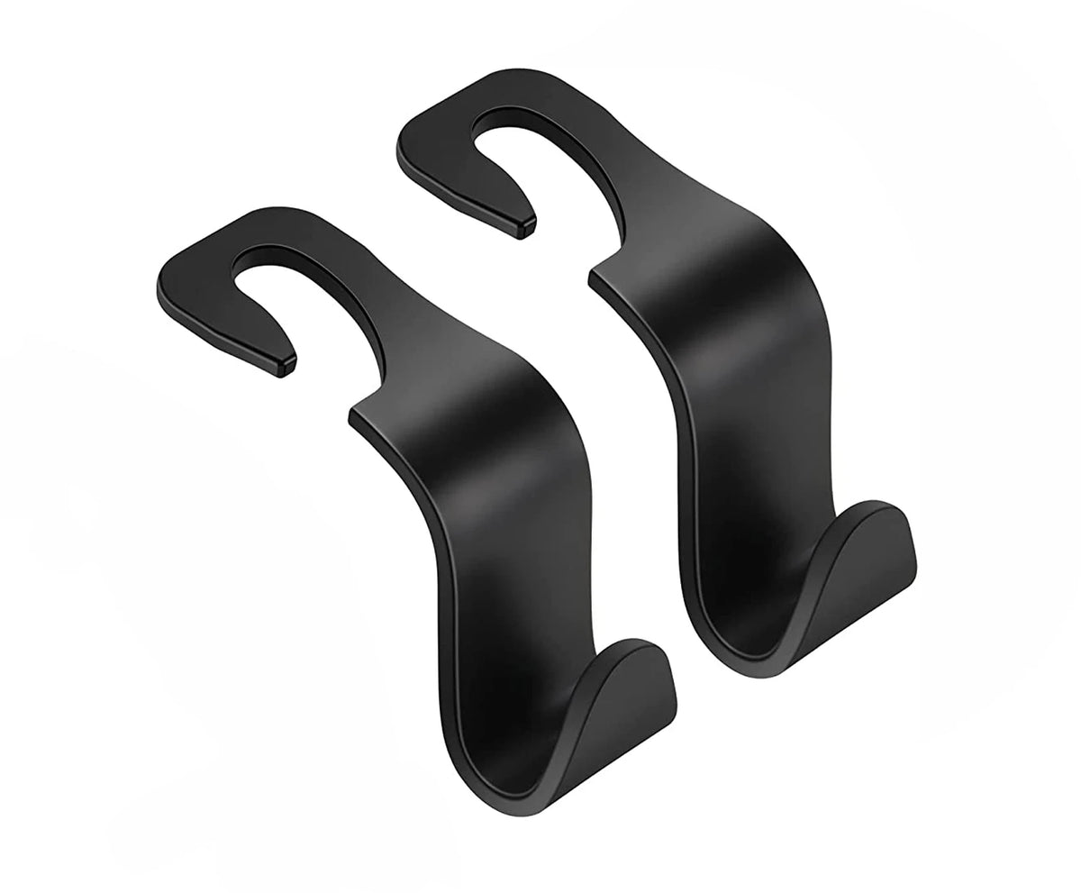 A set of four black car seat headrest hooks designed for organizing bags and belongings.