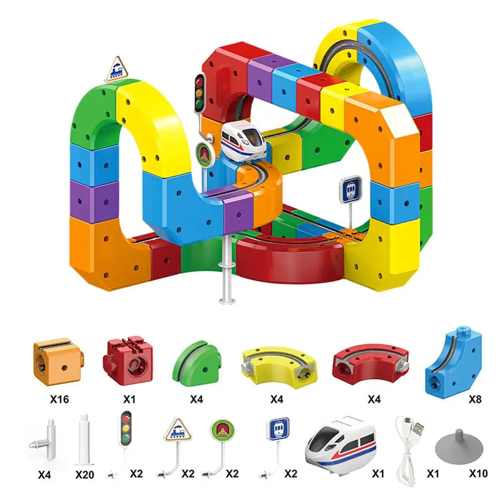 A set of colorful STEM electric train building blocks with various components and accessories.