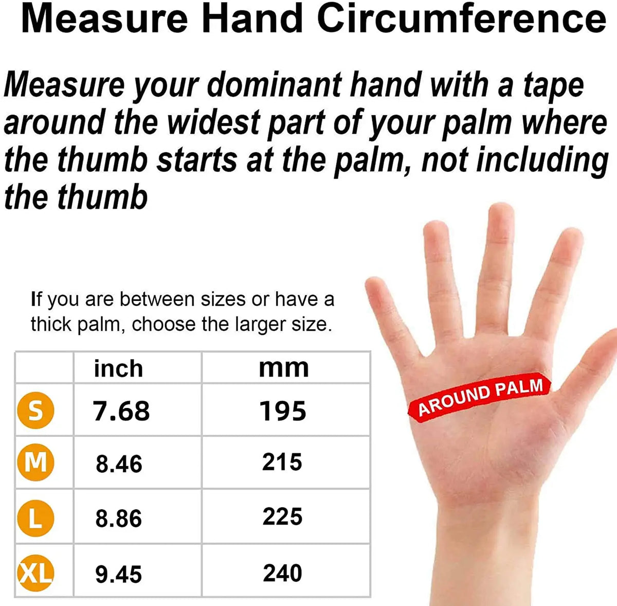 A guide showing how to measure hand circumference for sizing, listing sizes S through XL with corresponding measurements in i