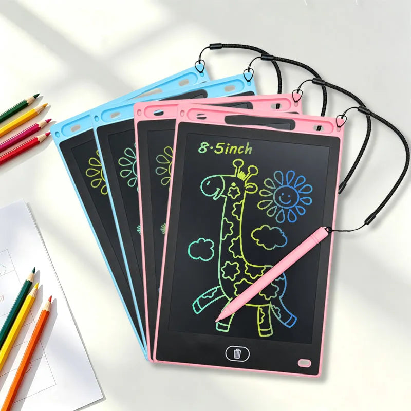 A set of five portable LCD drawing tablets in various pastel colors are displayed against a white background.
