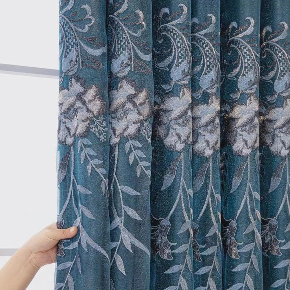 Nordic Embroidered Flower Double-Layer Curtain with Sheer Backing