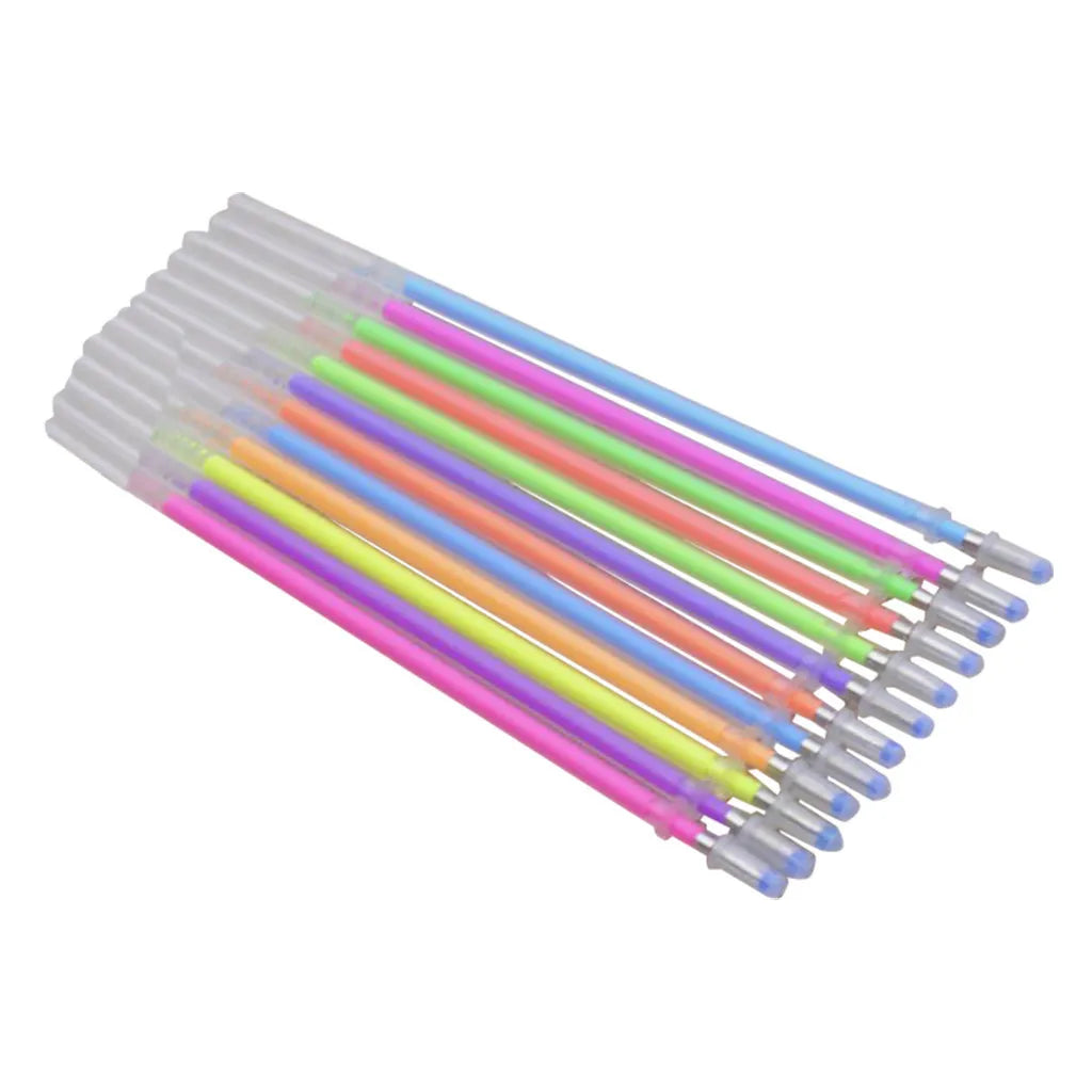 A collection of vibrant gel pen refills in various colors including glitter, metallic, pastel, and neon ink.