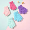 A collection of colorful plush winter gloves in shades of pink, purple, and blue are displayed on a light background.