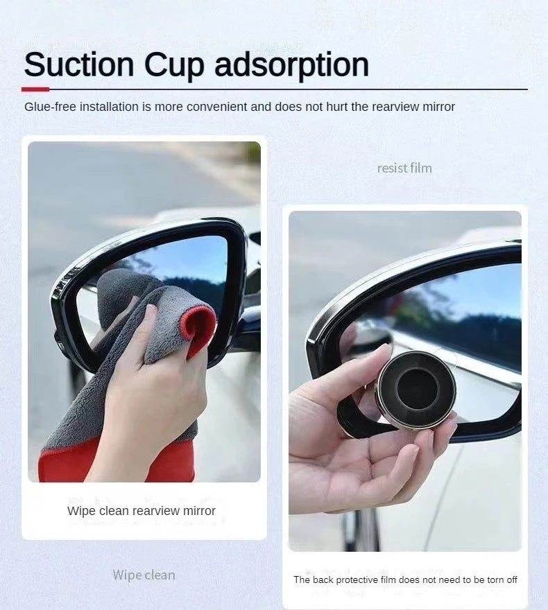 A suction cup adsorption blind spot mirror is shown being used to wipe a car rearview mirror clean.
