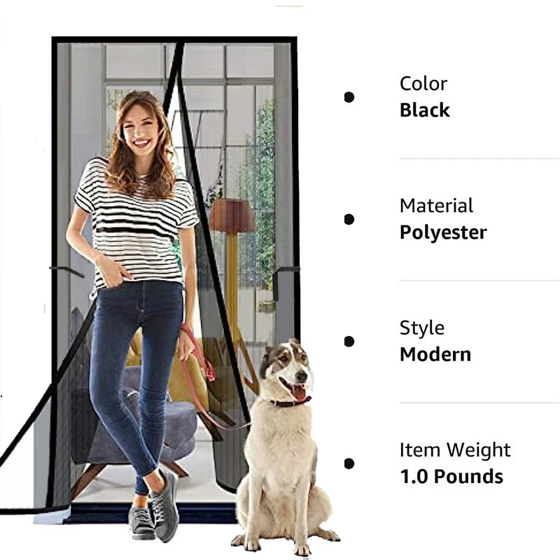 A black magnetic screen door curtain made of polyester with a modern style and weighing 1.0 pounds.