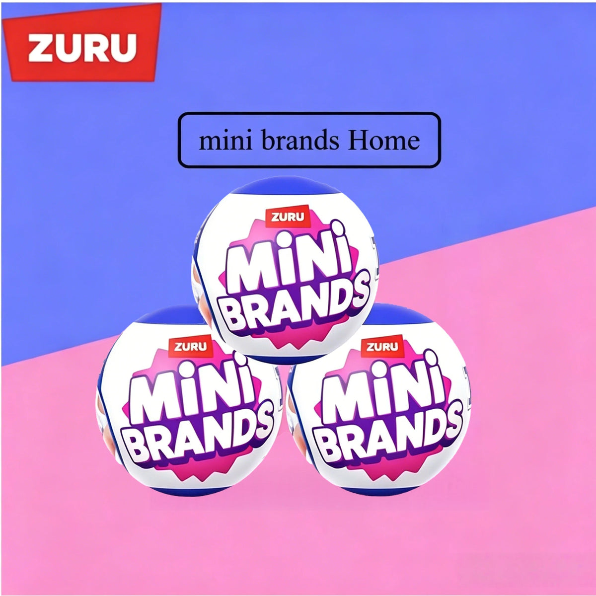 A display of Mini Brands mystery blind boxes featuring miniature furniture toys against a pink background.
