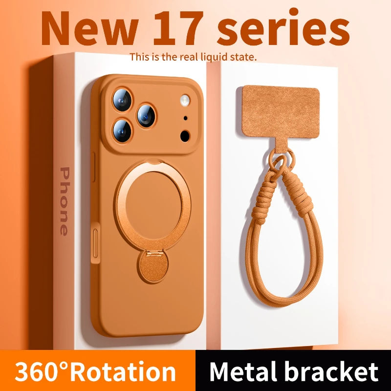 A brown silicone phone case with a magnetic kickstand and lanyard attached, shown next to the product.