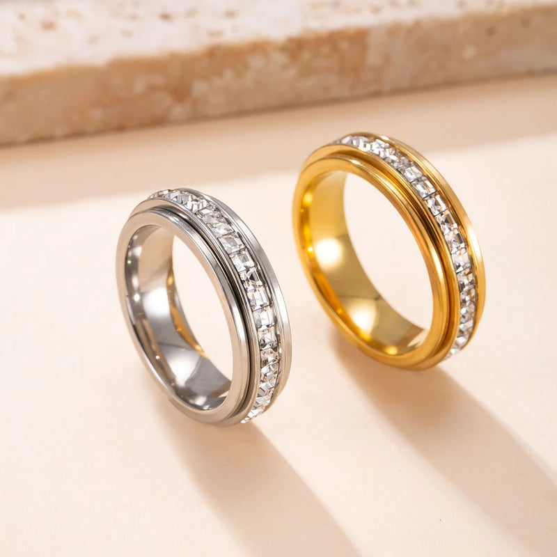 Titanium Steel Spinner Fidget Ring with Cubic Zirconia