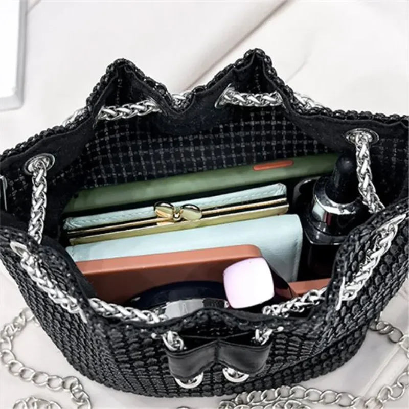 Rhinestone Bucket Crossbody Bag with Detachable Chain Strap