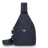 A navy blue women's lightweight mini backpack with a chest strap visible from the front.
