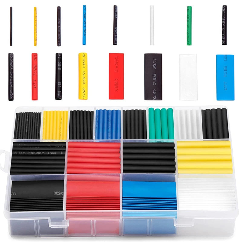 A collection of heat shrink tubing and wire sleeving kits in various colors and lengths, packaged in a clear plastic containe