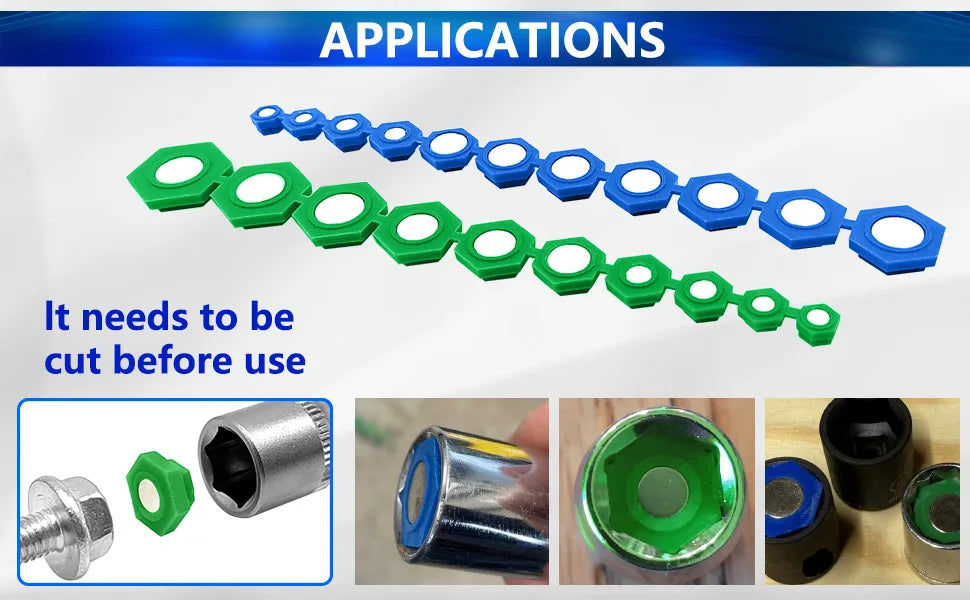 A set of 21 magnetic sockets with color-coded heads in green and blue, shown alongside various tools.