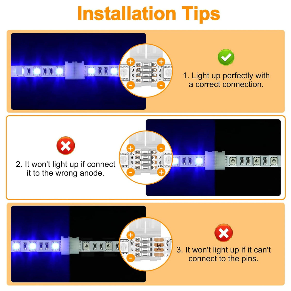 Installation tips for 10-Pack Solderless L-Shaped LED Strip Connectors for 4-Pin RGB Strips
