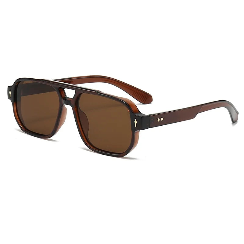 Brown retro double-bridge square sunglasses with dark tinted lenses and tortoiseshell arms