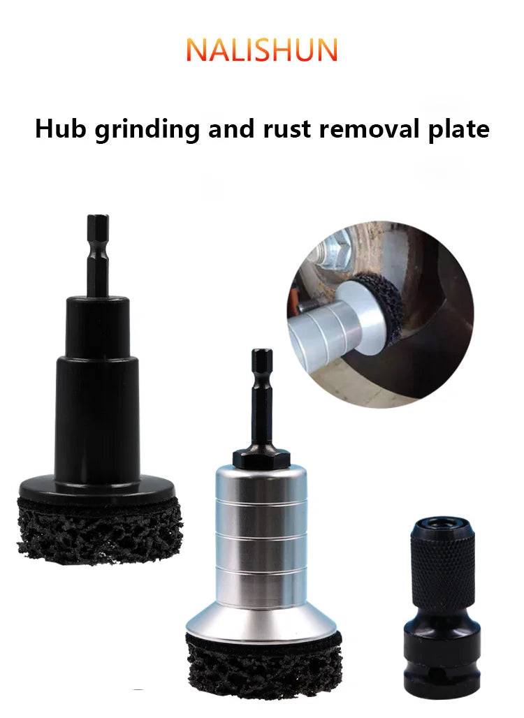A set of hub grinding and rust removal plates including a black sanding tool and a silver plate with a black abrasive pad.