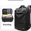 Black expandable travel laptop backpack shown with features for boarding, password, and vacuum compression.