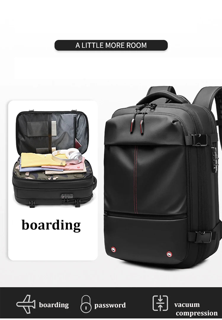 Black expandable travel laptop backpack shown with features for boarding, password, and vacuum compression.