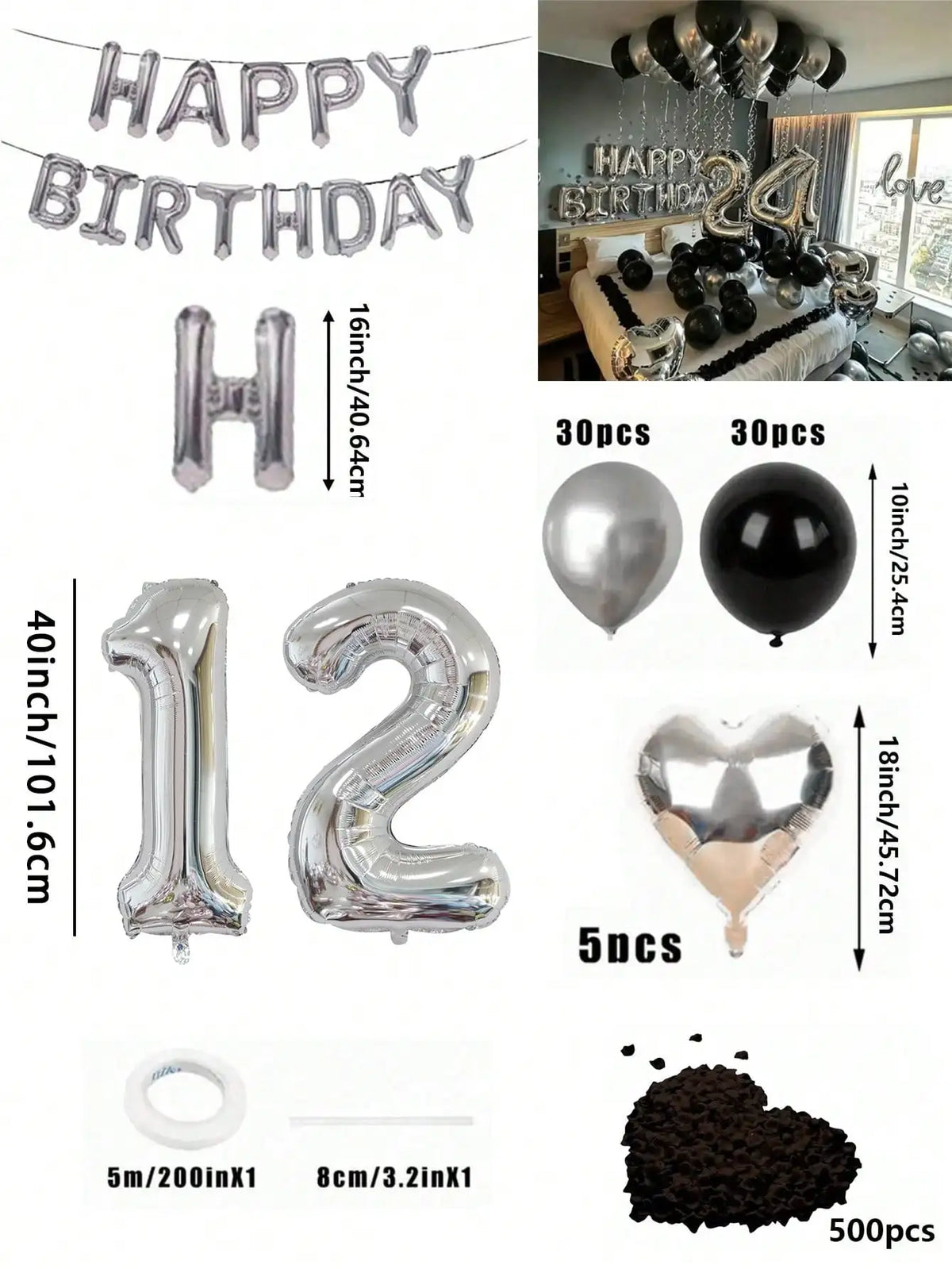 A kit for creating a balloon garland featuring silver and black foil numbers and balloons.