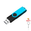 A blue portable USB 2.0 flash drive with a black casing and a metal keyring attached.