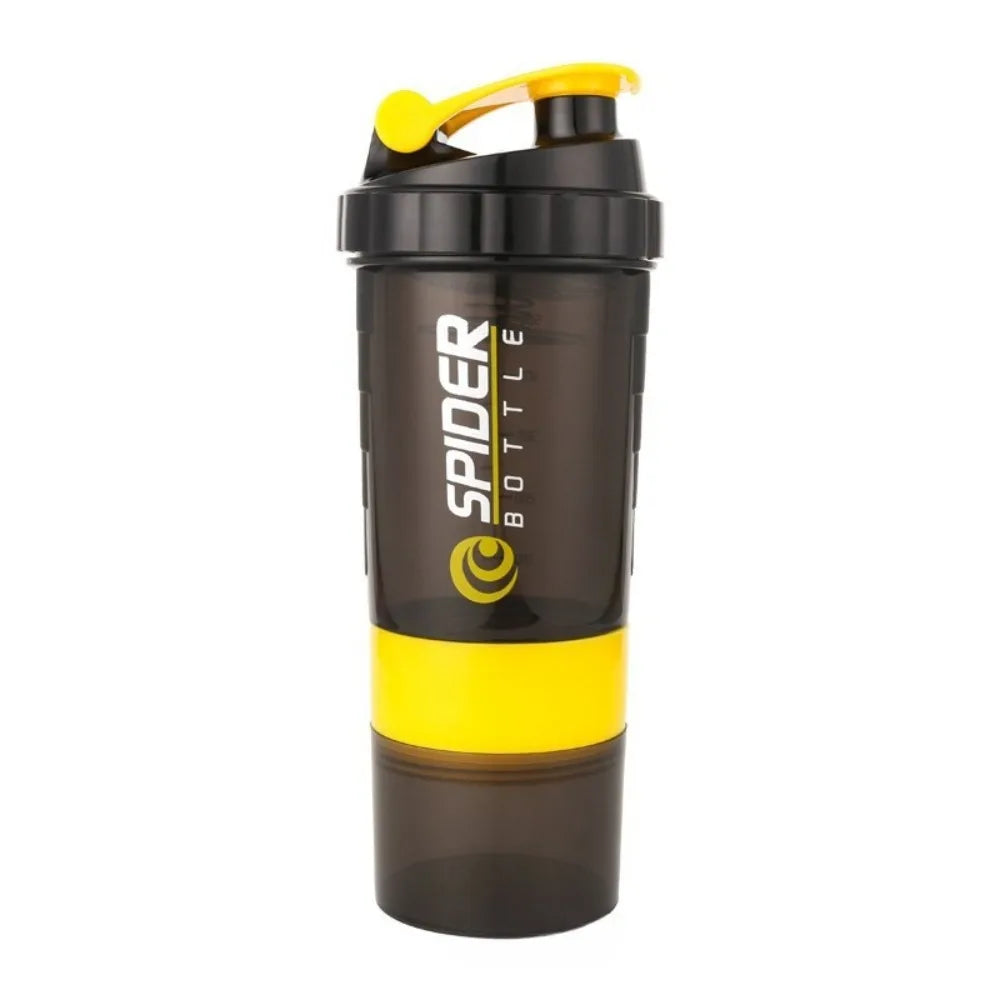 A black and yellow 3-compartment protein shaker bottle.