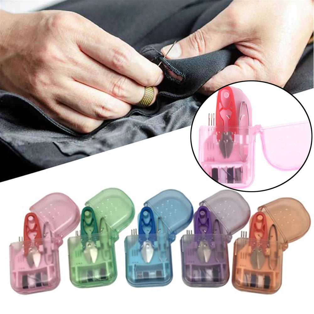 A collection of colorful compact portable sewing kits in various storage cases.