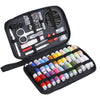A portable sewing kit in a black zippered case containing various hand sewing tools and needles.
