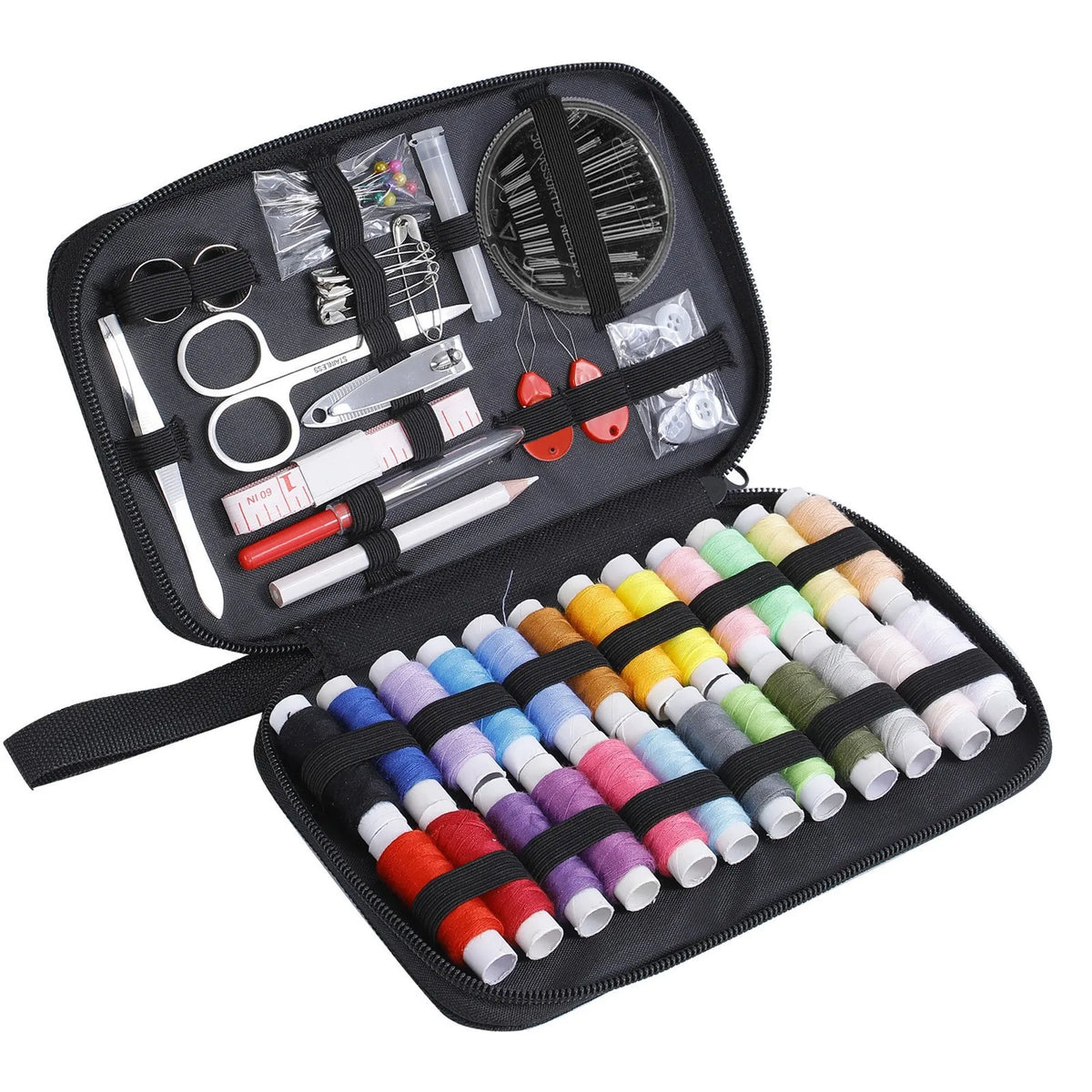 A portable sewing kit in a black zippered case containing various hand sewing tools and needles.