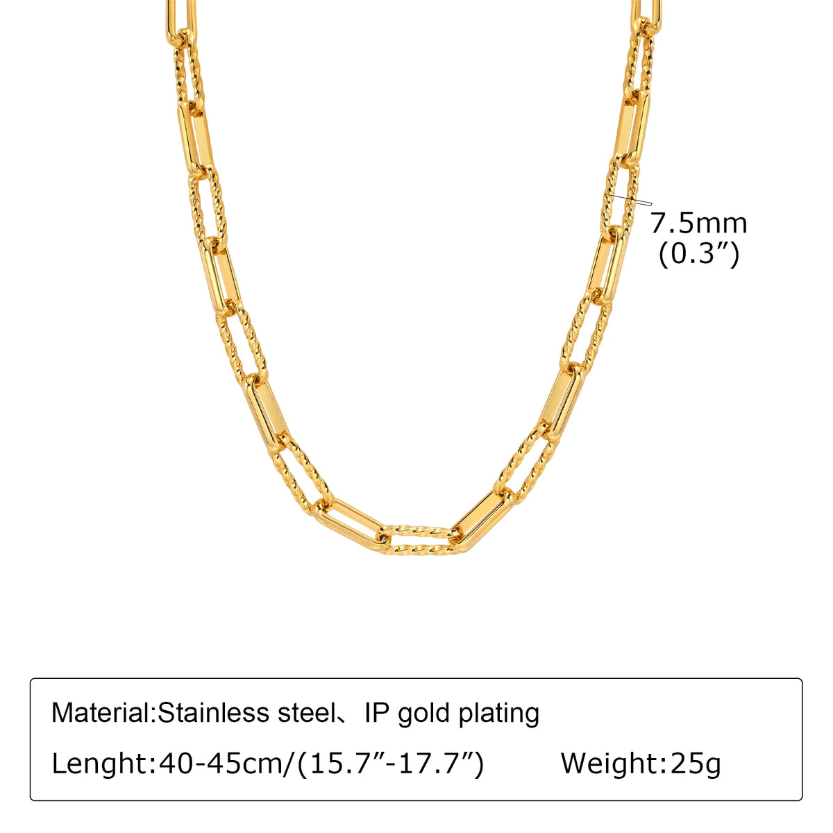 A close-up of a gold plated stainless steel link necklace with a 7.5mm chain and a 40-45cm length.