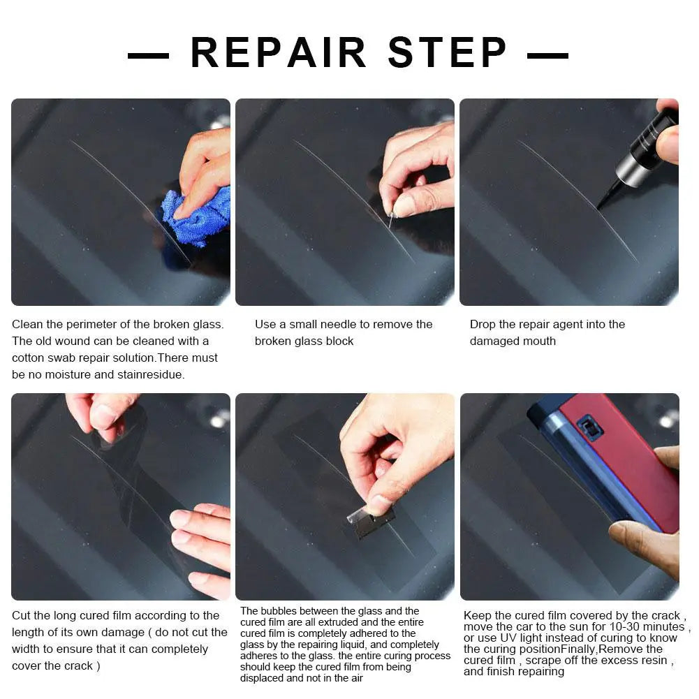 Step-by-step guide showing how to repair a broken glass surface using a resin kit.