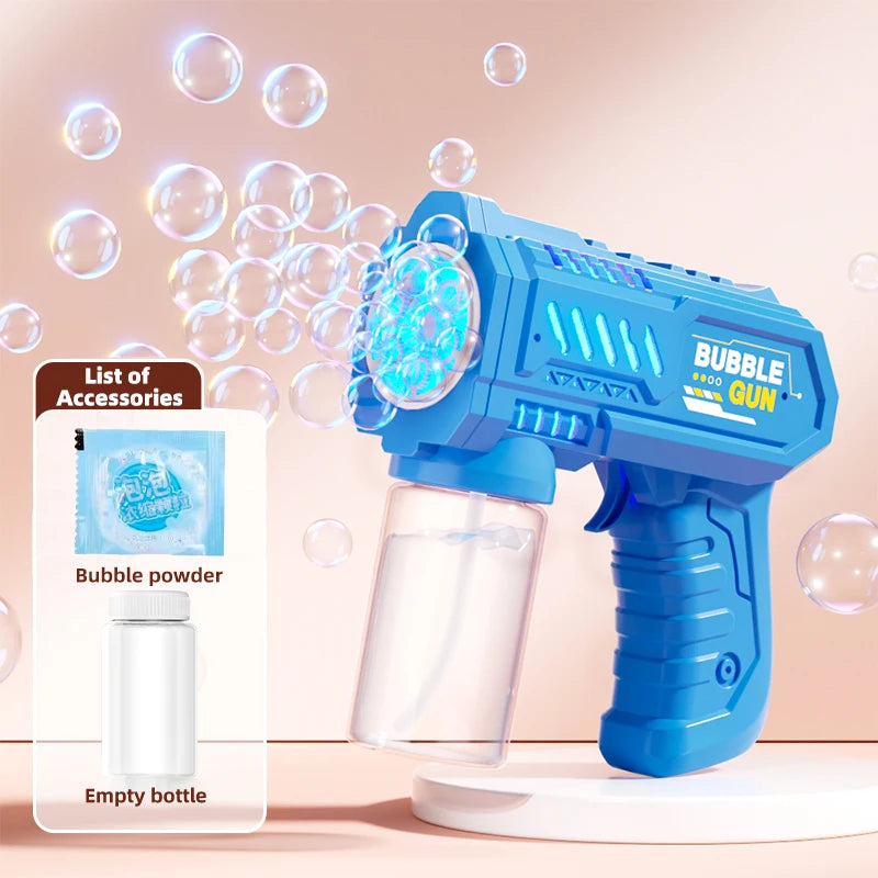 A blue bubble gun is shown with a clear bottle and bubbles floating around it.