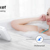 A woman is soaking in a bathtub with a waterproof phone bracket placed on the tub tabletop.