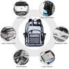 Diagram showing features of a transparent waterproof shoulder bag including front pocket, side pockets, large compartment, we