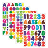 A collection of colorful alphabet and number dot stickers in various bright colors.