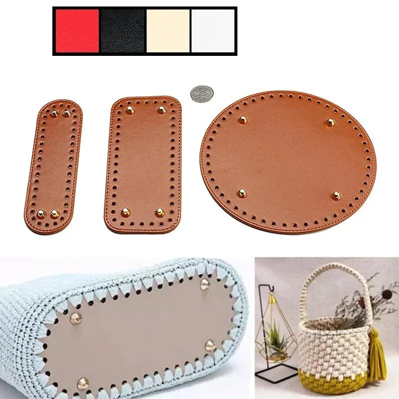 A set of brown PU leather oval bags and a light blue crocheted bag with a beige lining.