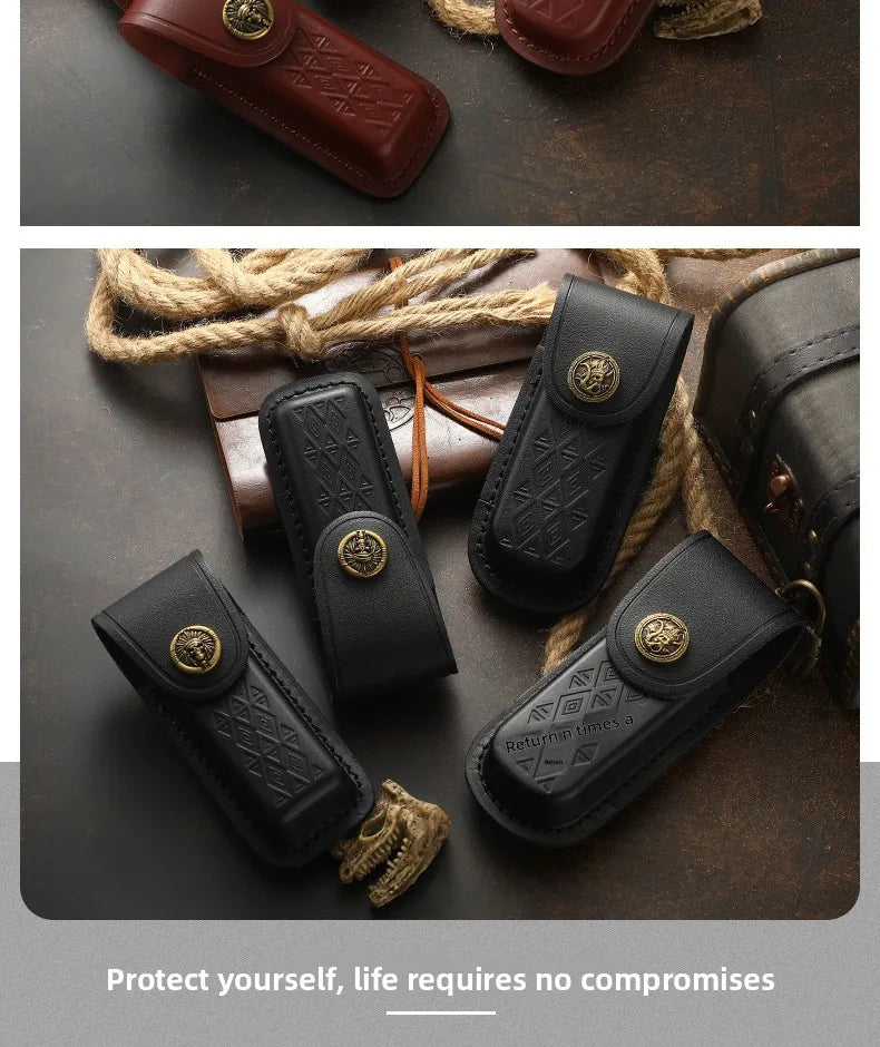 A set of handcrafted genuine leather folding knife cases in dark brown and black with gold accents