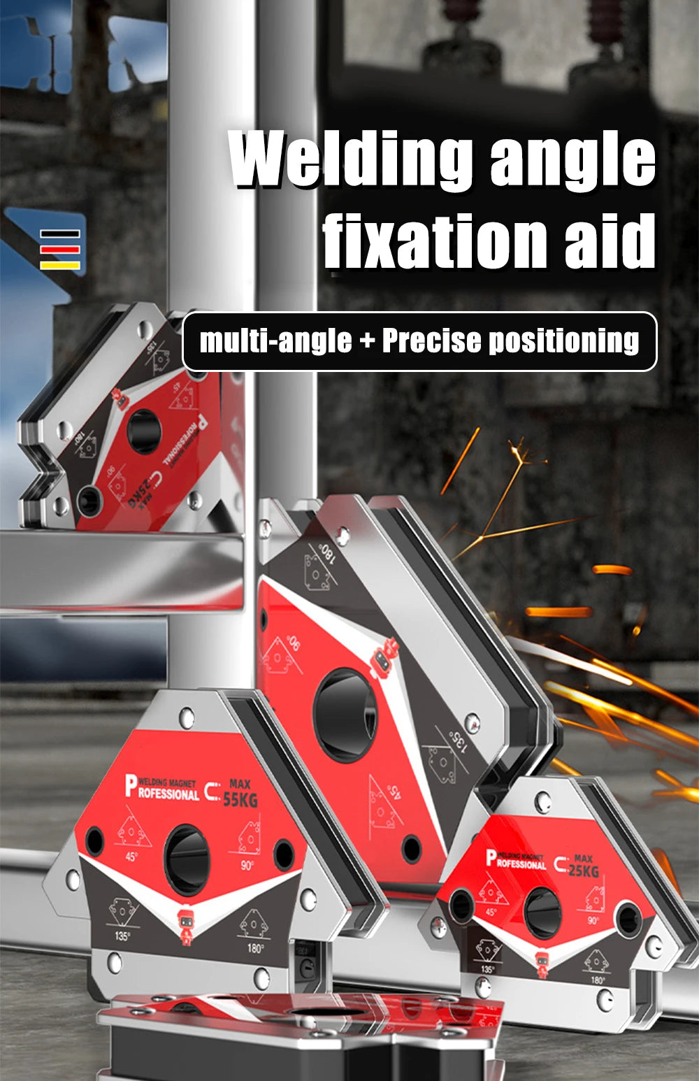 A set of four multi-angle magnetic welding fixtures used for precise positioning and angle fixation.
